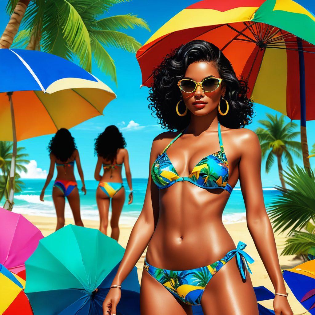 A dynamic 3D comic style illustration featuring a vibrant Brazilian beach scene, showcasing stylish bikini fashion on diverse models. The background should include palm trees, colorful beach umbrellas, and playful elements of provocative art, like abstract shapes and patterns. Incorporate bold colors and dynamic angles for a sense of movement and excitement. 3D comic art. vibrant colors. high contrast.
